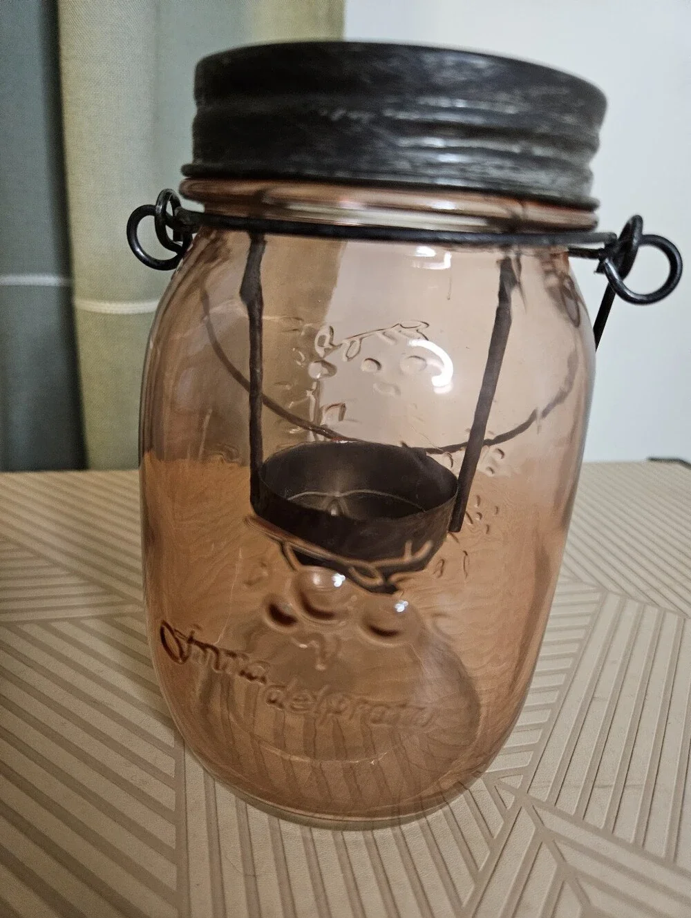 Pink Amber Glass Mason Jar Tealight Candle Holder with Metal Handle